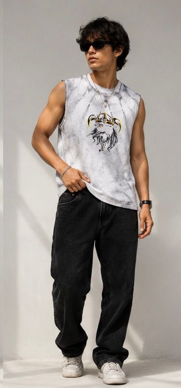 Men's Acid Wash Viking Graphic Muscle Tee | White Streetwear Tank Top