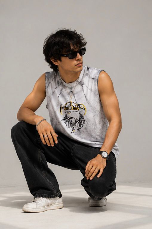 Men's Acid Wash Viking Graphic Muscle Tee | White Streetwear Tank Top