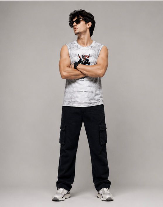 Men's Acid Wash Cyber Bull Graphic Muscle Tee | White Streetwear Tank Top