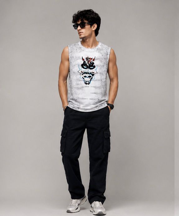 Men's Acid Wash Cyber Bull Graphic Muscle Tee | White Streetwear Tank Top