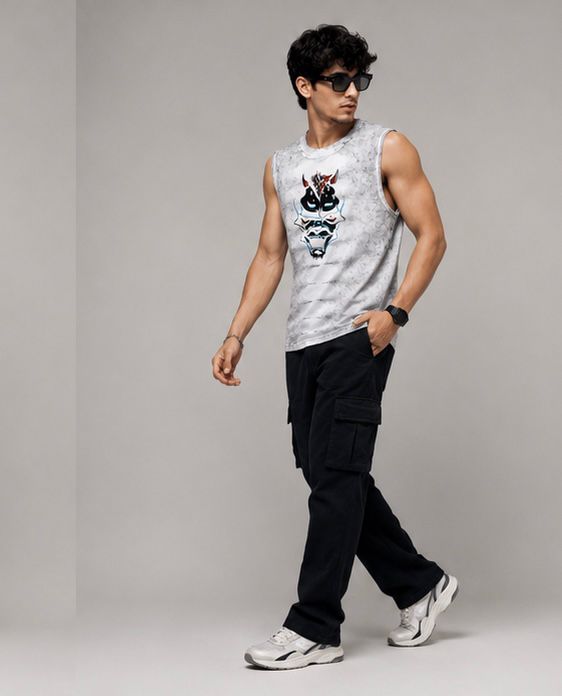 Men's Acid Wash Cyber Bull Graphic Muscle Tee | White Streetwear Tank Top