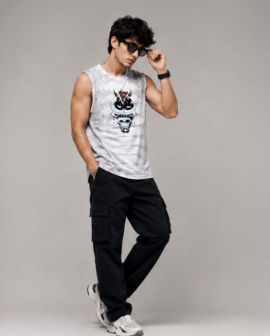 Men's Acid Wash Cyber Bull Graphic Muscle Tee | White Streetwear Tank Top