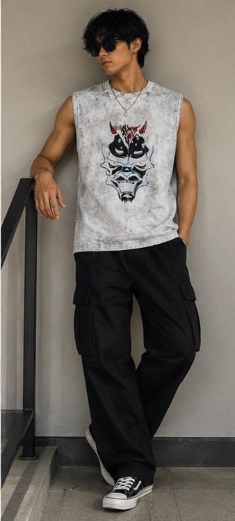 Men's Acid Wash Cyber Bull Graphic Muscle Tee | White Streetwear Tank Top