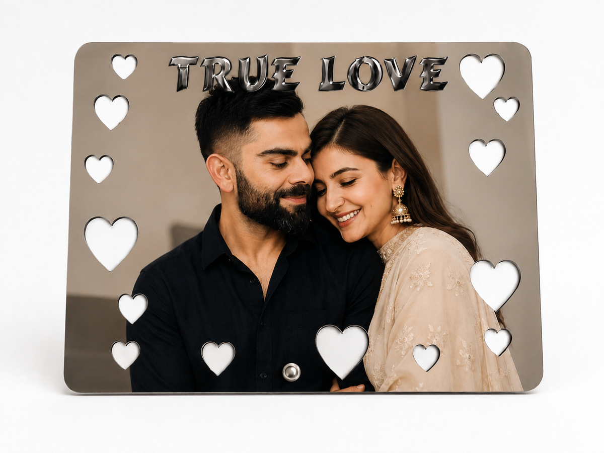 True Love silver mirror acrylic personalised couple photo frame with laser-cut hearts