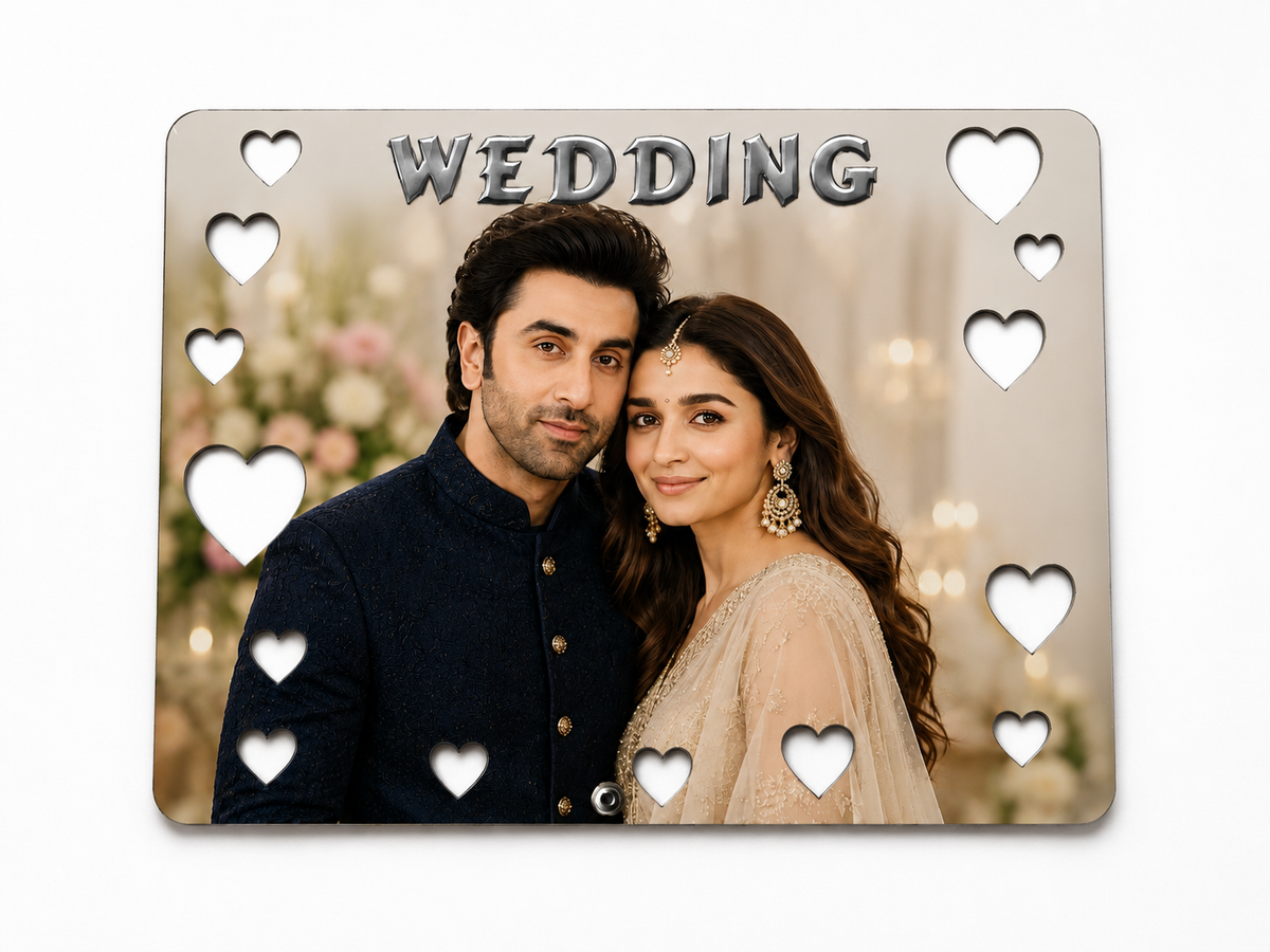 Wedding champagne mirror acrylic personalised couple photo frame with laser-cut hearts