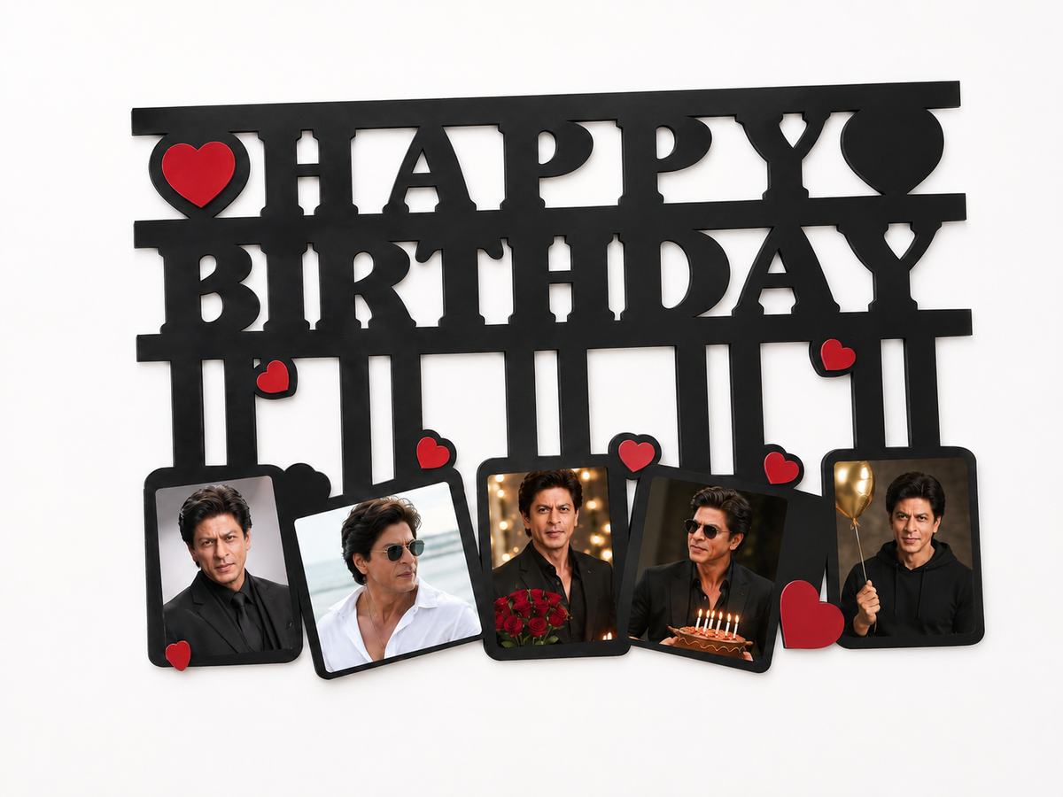 Happy Birthday laser-cut black MDF photo frame wall hanger with 5 hanging photos and red hearts