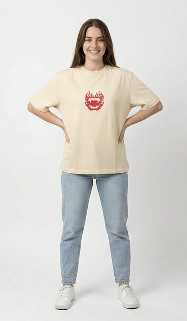 Crimson Aura Oversized Graphic Tee – Cream