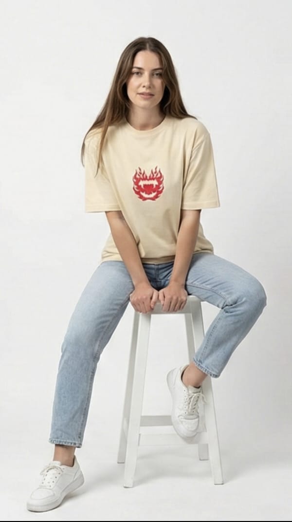 Crimson Aura Oversized Graphic Tee – Cream