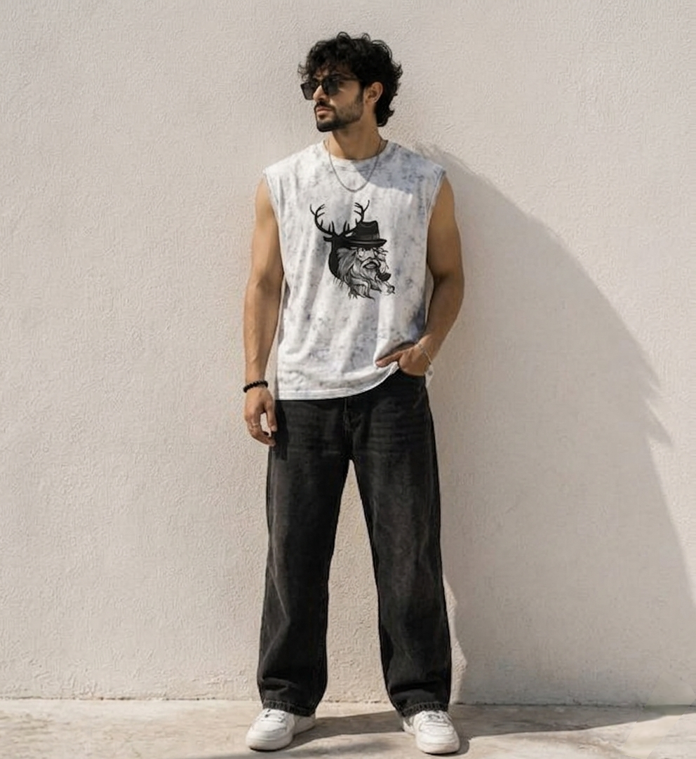 Men's Acid Wash Antler Graphic Muscle Tee | White Streetwear Tank Top