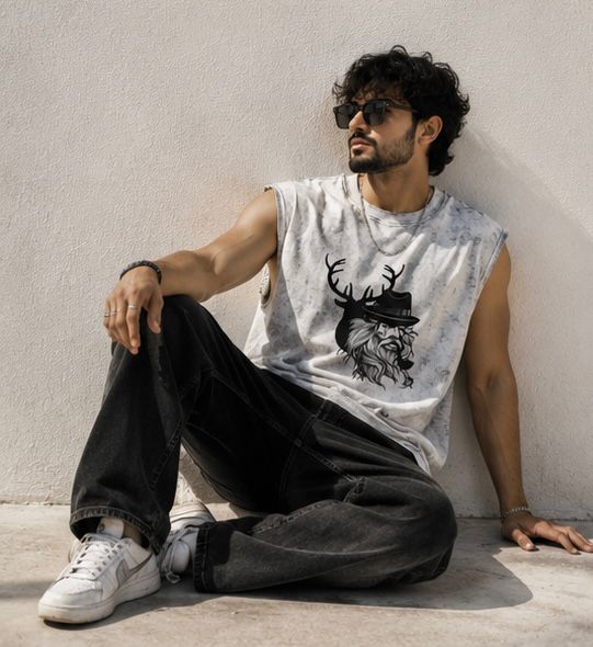 Men's Acid Wash Antler Graphic Muscle Tee | White Streetwear Tank Top