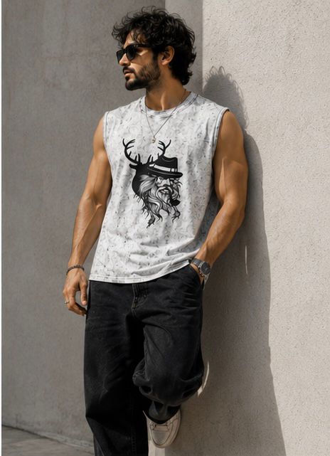 Men's Acid Wash Antler Graphic Muscle Tee | White Streetwear Tank Top