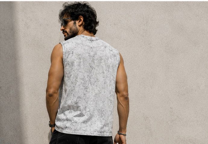 Men's Acid Wash Antler Graphic Muscle Tee | White Streetwear Tank Top