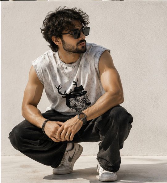 Men's Acid Wash Antler Graphic Muscle Tee | White Streetwear Tank Top