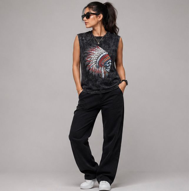 The Modvue Oversized Acid Wash Skull Headdress Muscle Tee | Women's Streetwear Tank