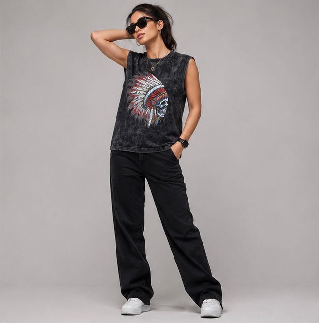 The Modvue Oversized Acid Wash Skull Headdress Muscle Tee | Women's Streetwear Tank