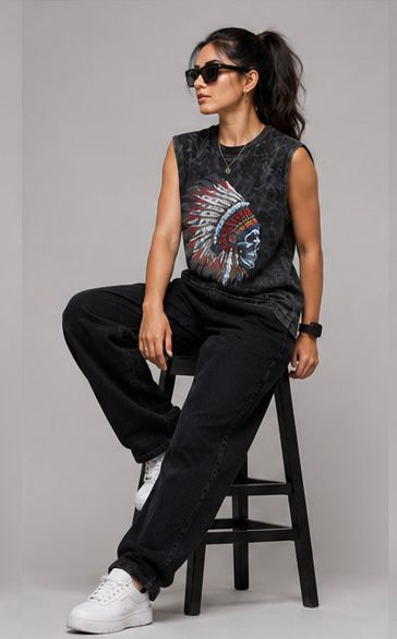 The Modvue Oversized Acid Wash Skull Headdress Muscle Tee | Women's Streetwear Tank