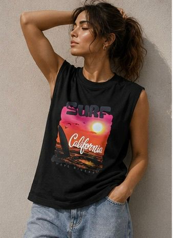 The Modvue Oversized Retro Surf California Muscle Tee | Women's Black Tank Top