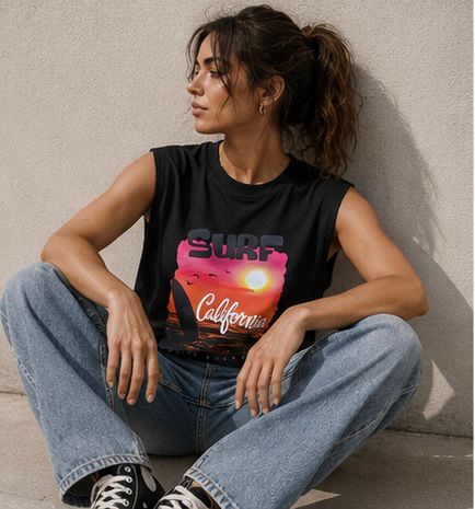 The Modvue Oversized Retro Surf California Muscle Tee | Women's Black Tank Top
