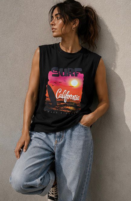 The Modvue Oversized Retro Surf California Muscle Tee | Women's Black Tank Top