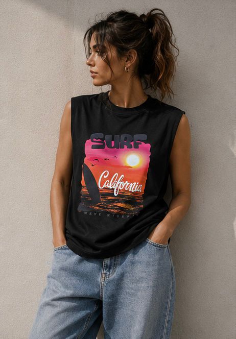The Modvue Oversized Retro Surf California Muscle Tee | Women's Black Tank Top
