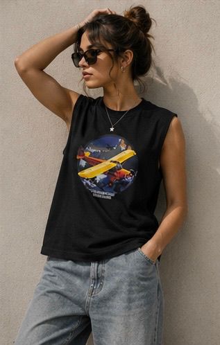 The Modvue Oversized Vintage Airplane Muscle Tee | Women's Black Graphic Tank