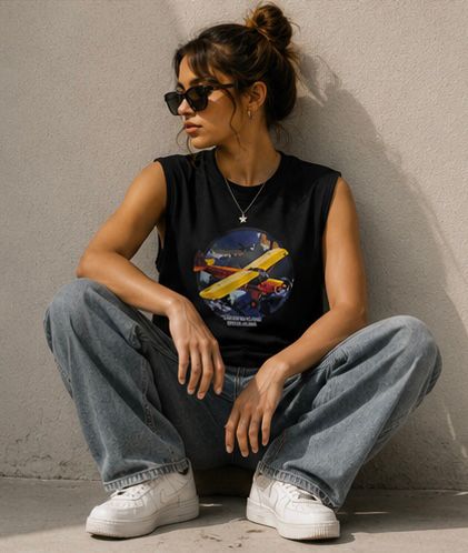 The Modvue Oversized Vintage Airplane Muscle Tee | Women's Black Graphic Tank