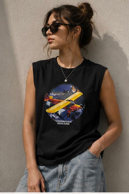 The Modvue Oversized Vintage Airplane Muscle Tee | Women's Black Graphic Tank