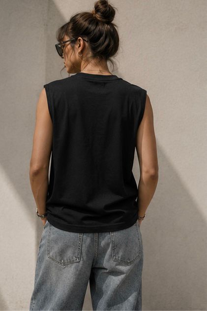 The Modvue Oversized Vintage Airplane Muscle Tee | Women's Black Graphic Tank