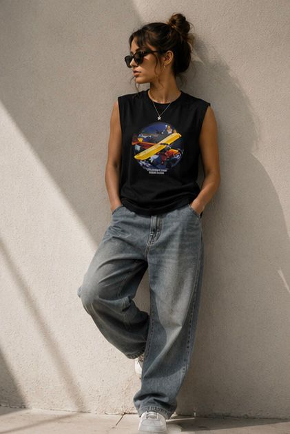 The Modvue Oversized Vintage Airplane Muscle Tee | Women's Black Graphic Tank