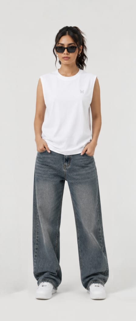 The Modvue Oversized Wanted Skull Back Print Muscle Tee | Women's White Tank