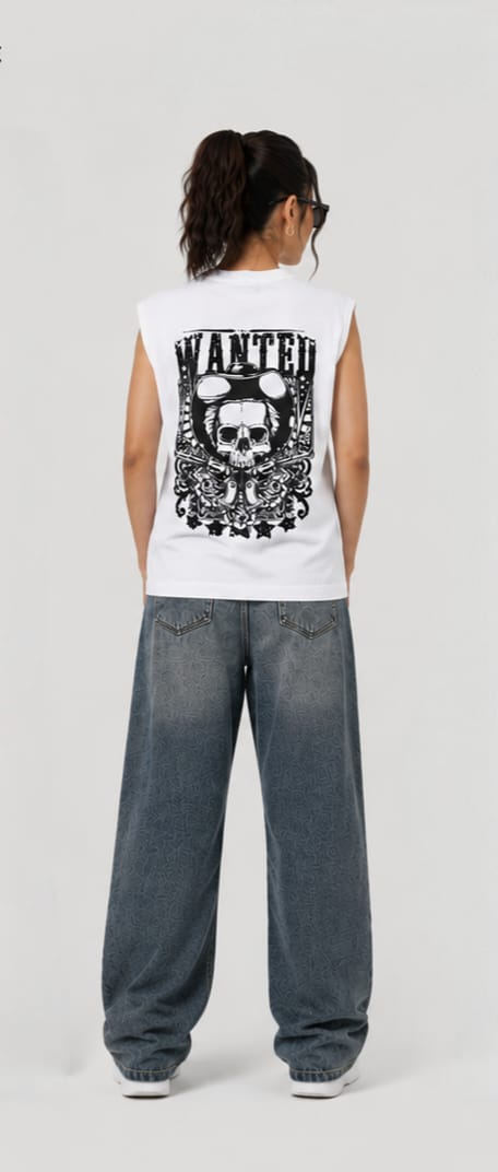 The Modvue Oversized Wanted Skull Back Print Muscle Tee | Women's White Tank