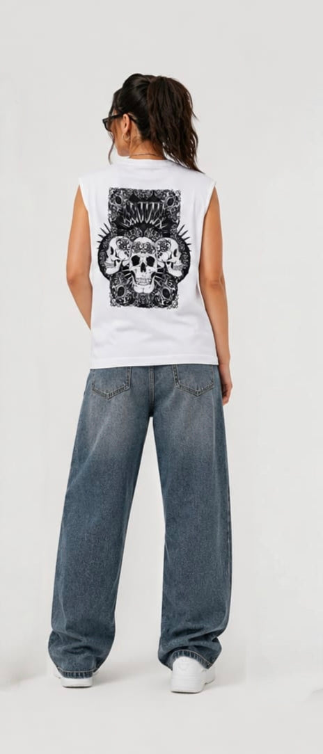 The Modvue Oversized Gothic Skull Back Print Muscle Tee | Women's White Tank