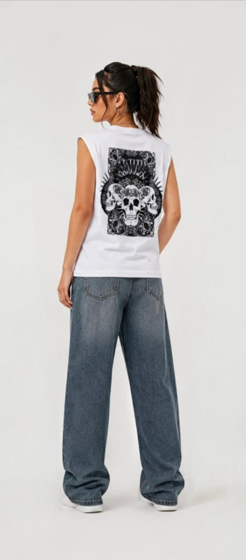 The Modvue Oversized Gothic Skull Back Print Muscle Tee | Women's White Tank
