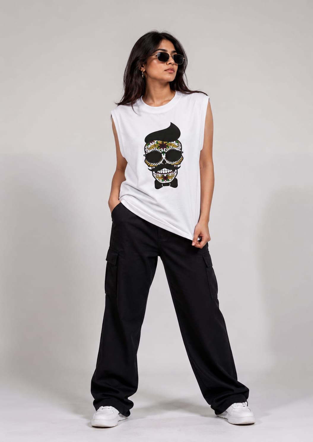 The Modvue Oversized Hipster Skull Muscle Tee | Women's White Graphic Tank