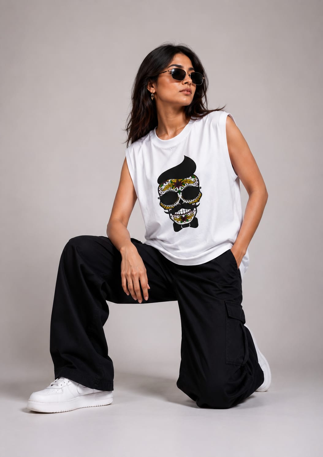 The Modvue Oversized Hipster Skull Muscle Tee | Women's White Graphic Tank