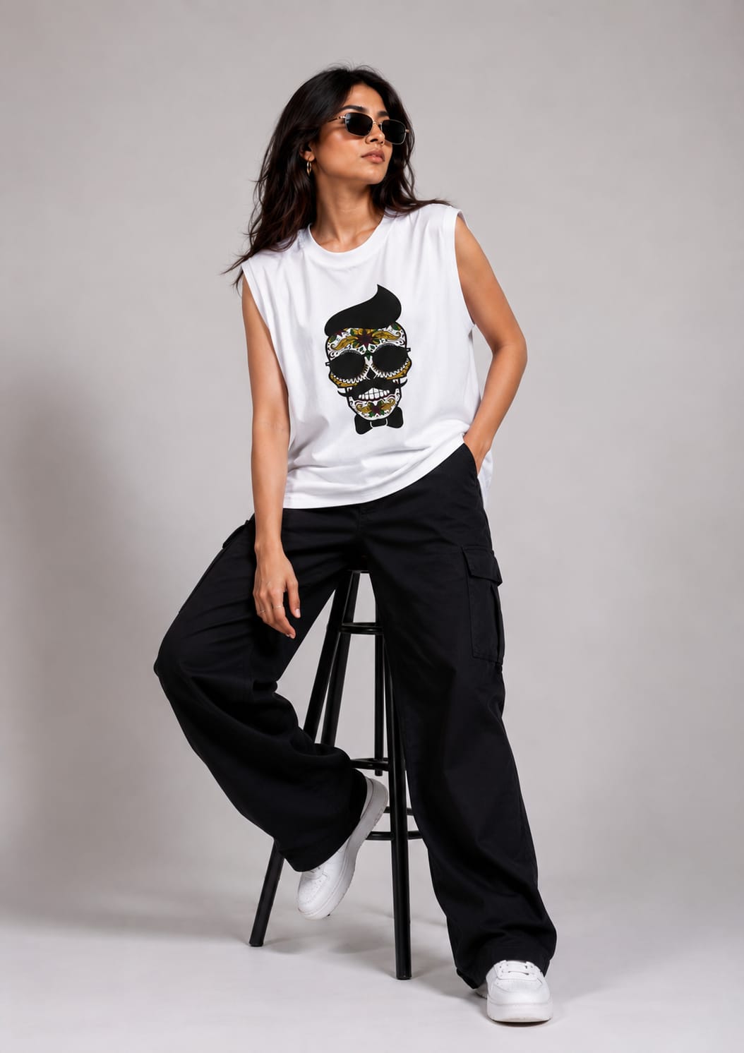 The Modvue Oversized Hipster Skull Muscle Tee | Women's White Graphic Tank