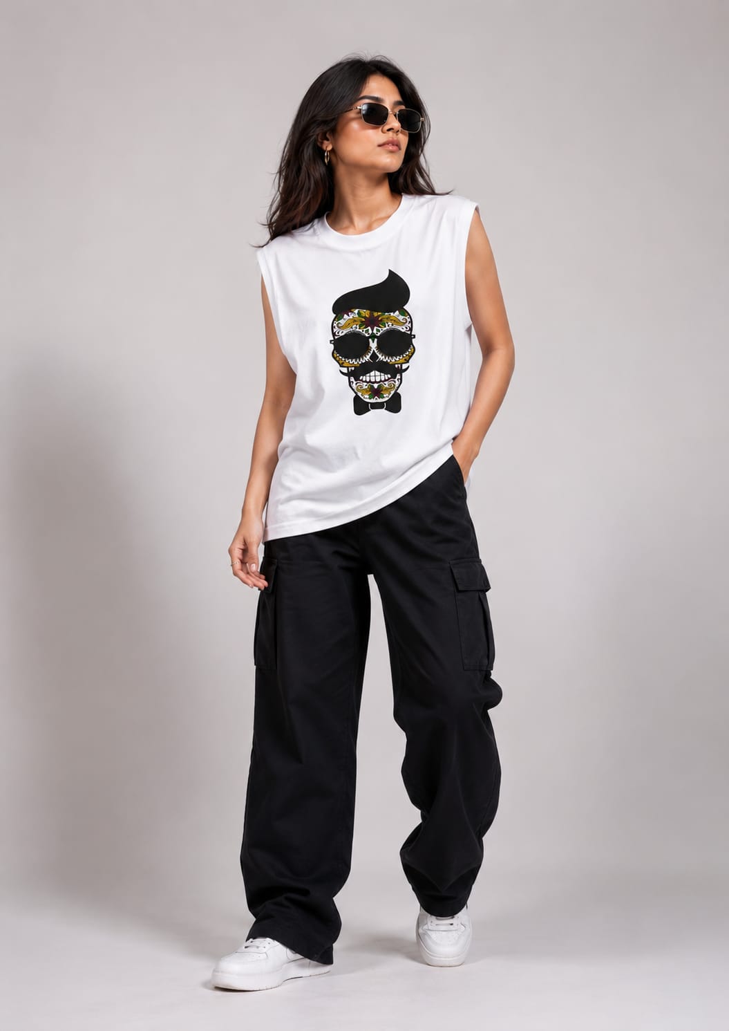 The Modvue Oversized Hipster Skull Muscle Tee | Women's White Graphic Tank