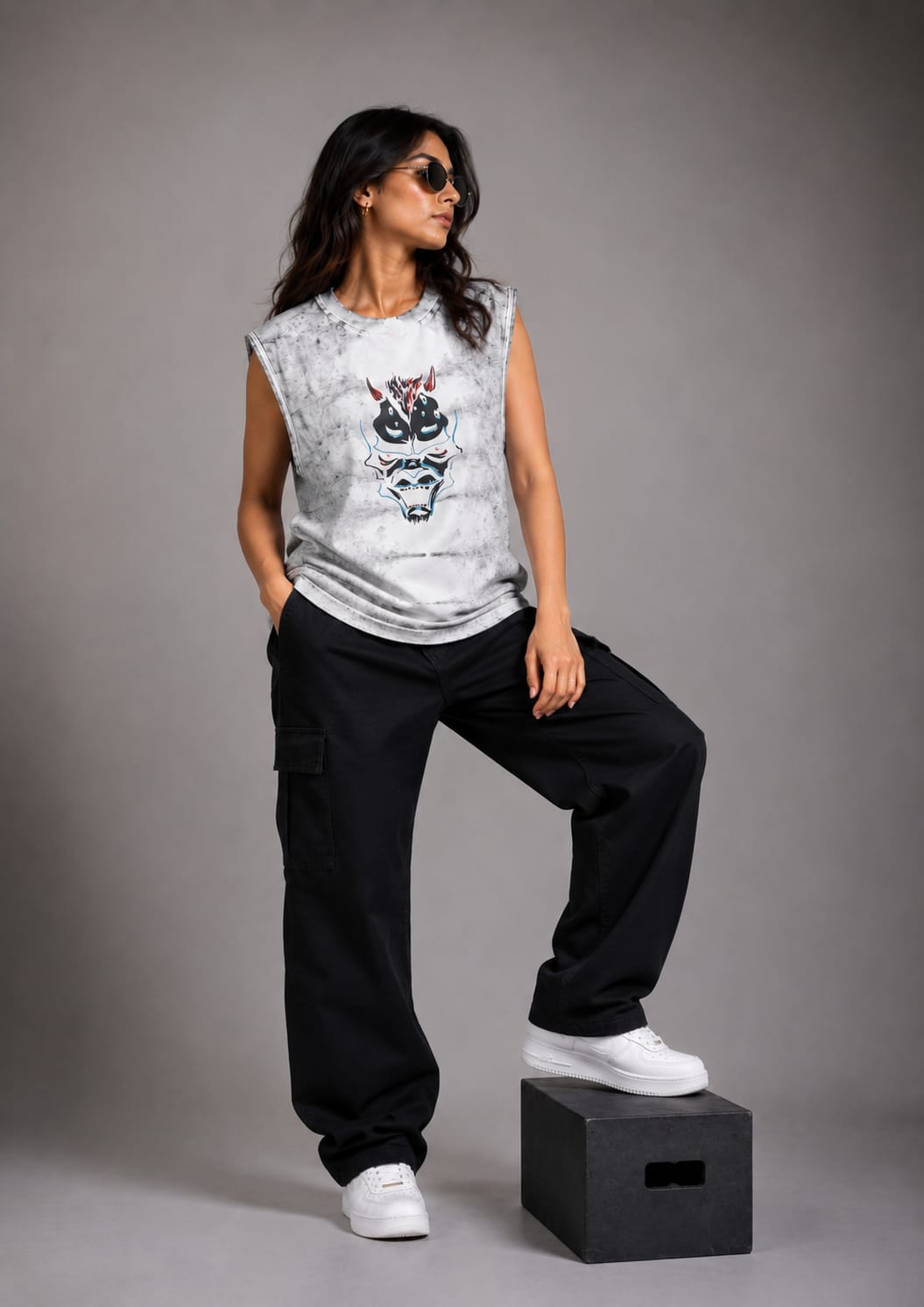 The Modvue Oversized Acid Wash Cyber Bull Muscle Tee | Women's Streetwear Tank