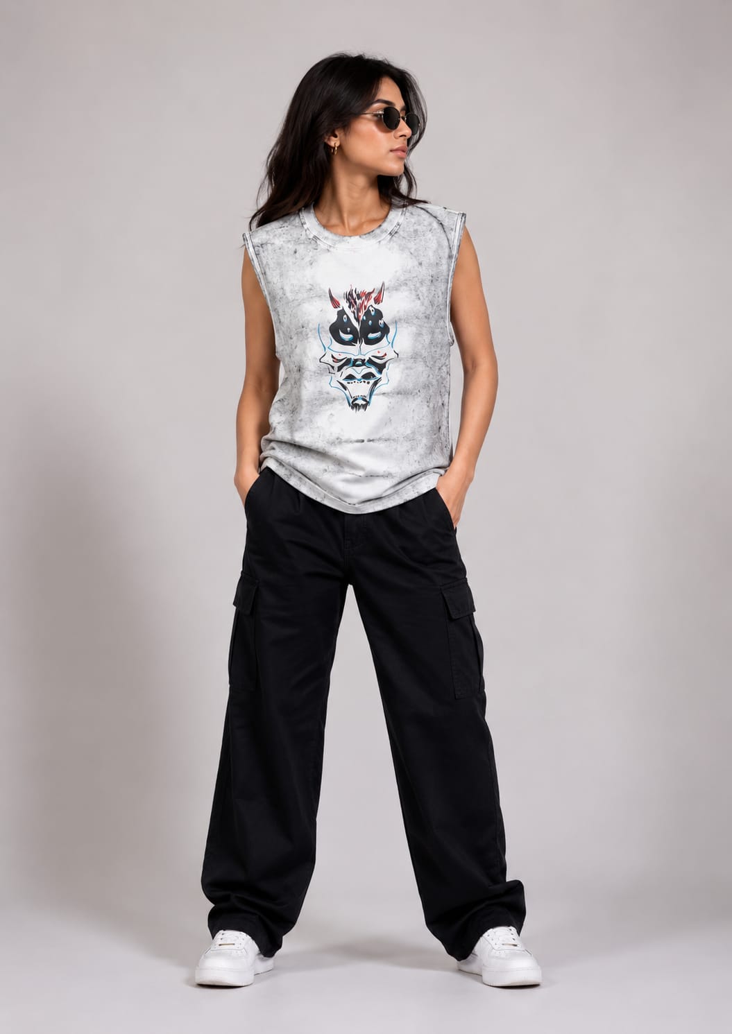 The Modvue Oversized Acid Wash Cyber Bull Muscle Tee | Women's Streetwear Tank