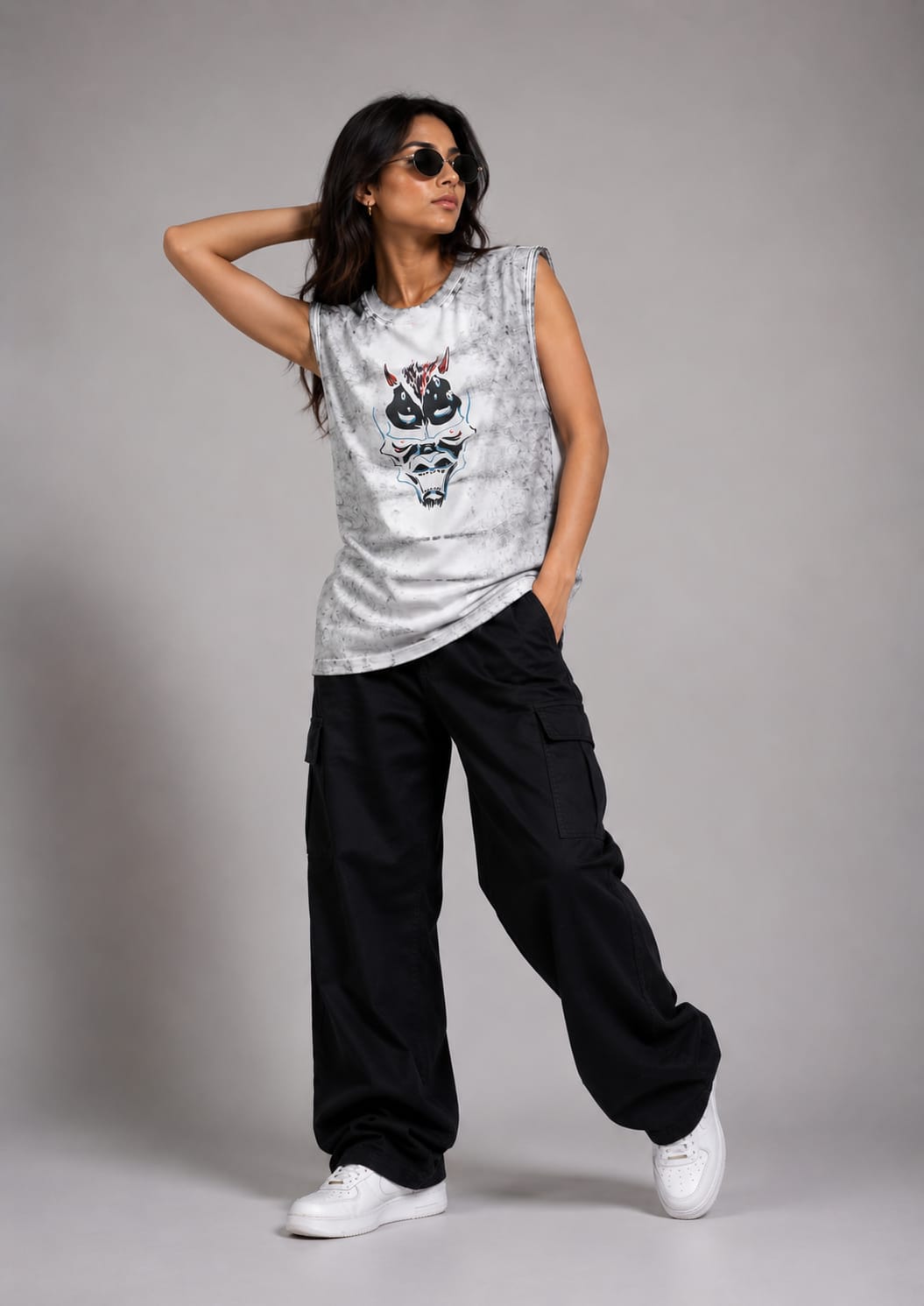 The Modvue Oversized Acid Wash Cyber Bull Muscle Tee | Women's Streetwear Tank