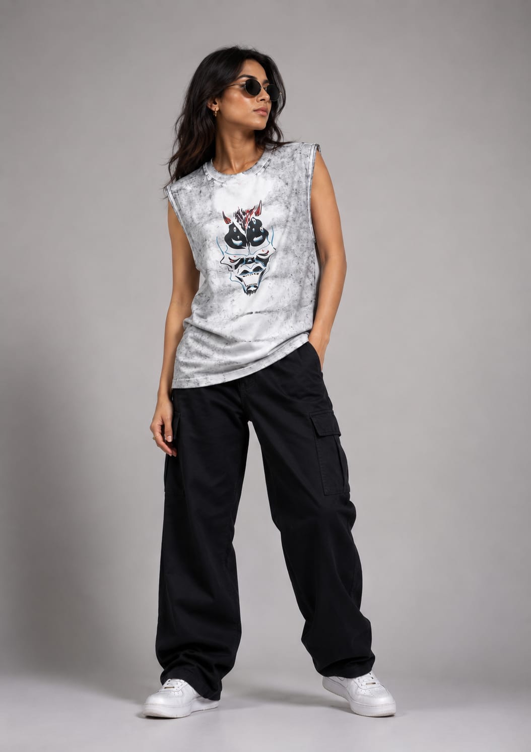 The Modvue Oversized Acid Wash Cyber Bull Muscle Tee | Women's Streetwear Tank