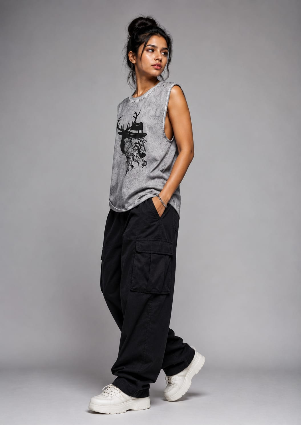 The Modvue Oversized Acid Wash Antler Muscle Tee | Women's Streetwear Tank