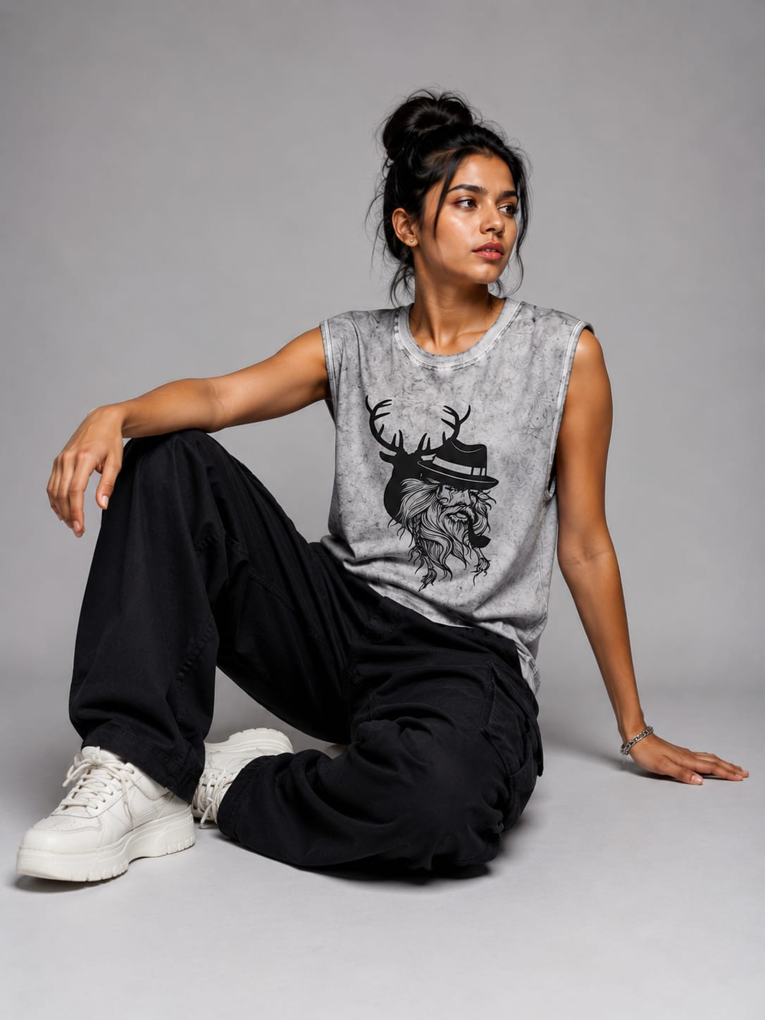 The Modvue Oversized Acid Wash Antler Muscle Tee | Women's Streetwear Tank