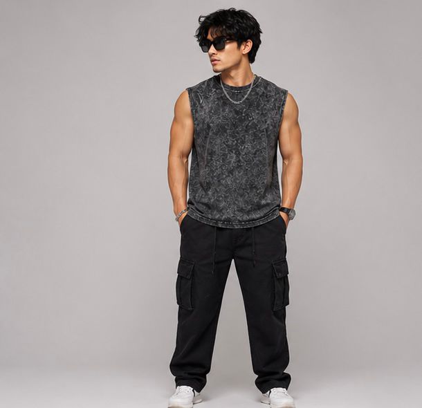 The Modvue Men's Acid Wash Muscle Tee | Vintage Black Streetwear Tank Top