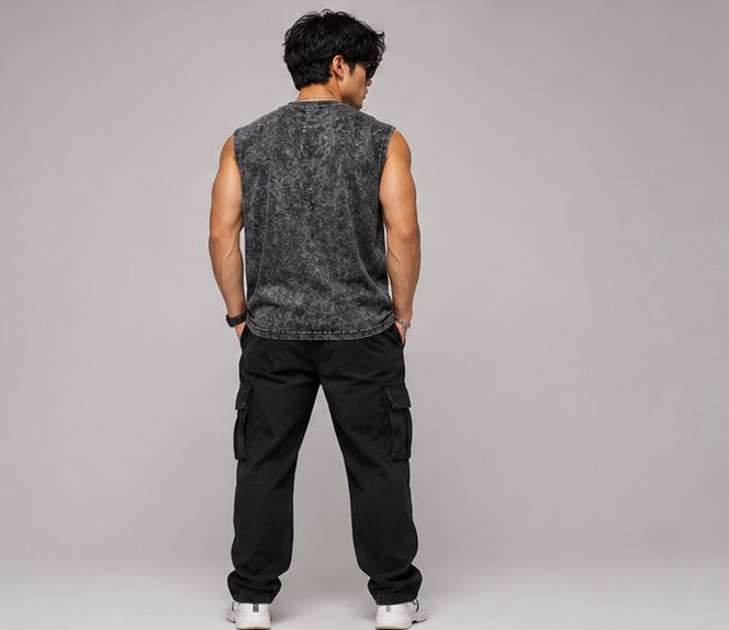 The Modvue Men's Acid Wash Muscle Tee | Vintage Black Streetwear Tank Top