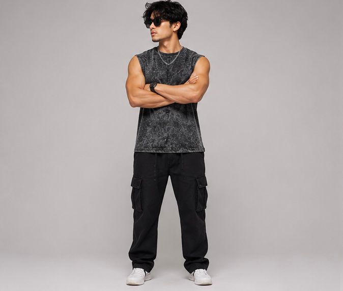 The Modvue Men's Acid Wash Muscle Tee | Vintage Black Streetwear Tank Top