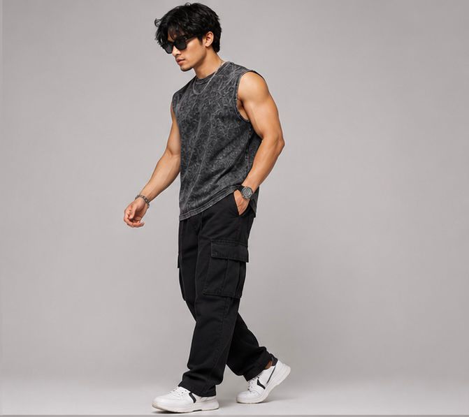 The Modvue Men's Acid Wash Muscle Tee | Vintage Black Streetwear Tank Top