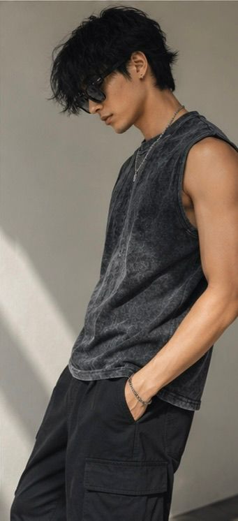 The Modvue Men's Acid Wash Muscle Tee | Vintage Black Streetwear Tank Top