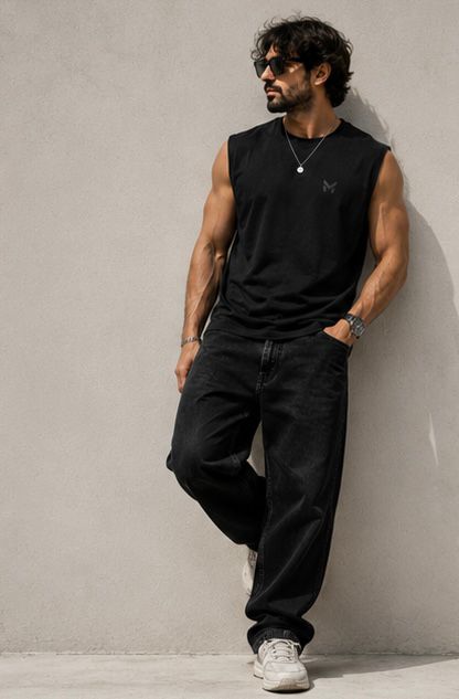 The Modvue Essential Black Muscle Tee | Men's Minimalist Sleeveless T-Shirt