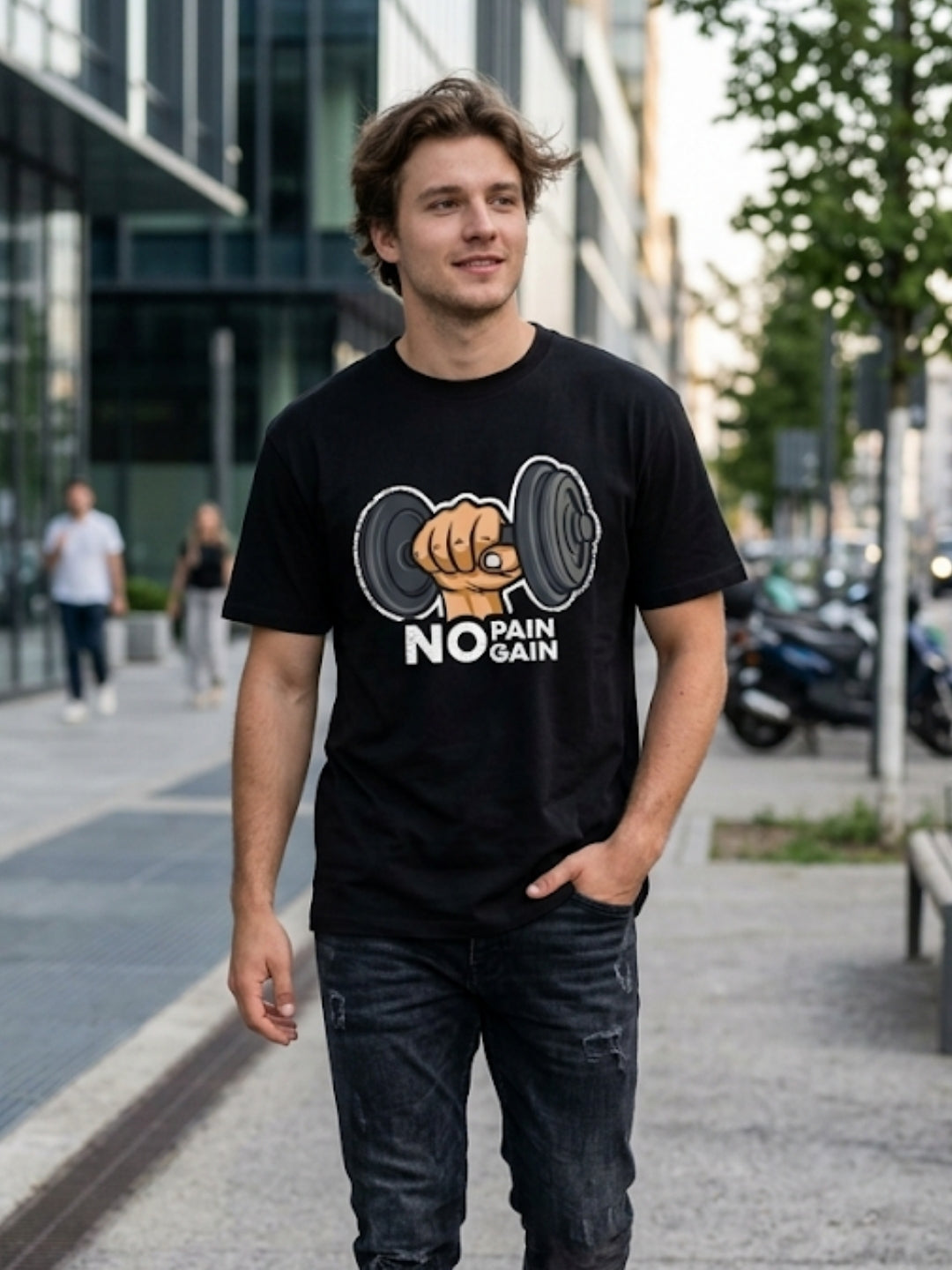 No Pain No Gain Dumbbell Fist Oversized Tee – Men’s Black